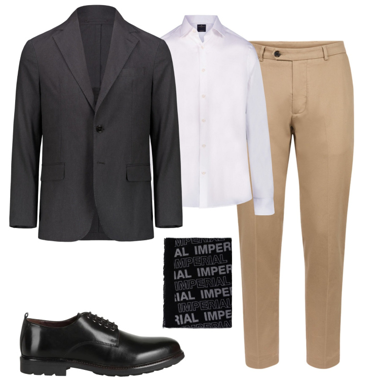 Outfit uomo - City. Stile Trendy per Tutti i giorni. Abbinamento con scarpe stringate, sciarpe, camicie, giacche, pantaloni.