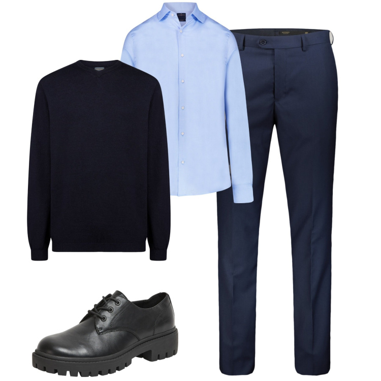 Outfit uomo - In ufficio. Stile Business/Elegante per Ufficio. Abbinamento con scarpe stringate, maglieria, camicie, pantaloni.