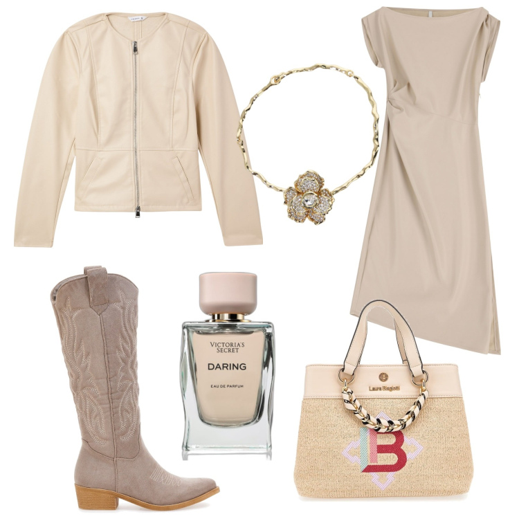 Outfit donna - Colori chiari per la primavera. Stile Boho per Serata fuori. Abbinamento con profumi, blazer, vestiti midi/longuette, collane, borse a mano, stivali.