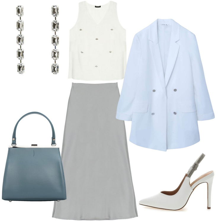 Outfit donna - Sera di primavera. Stile Romantica per Serata fuori. Abbinamento con blazer, orecchini, gonne longuette, clutch, décolleté, top.