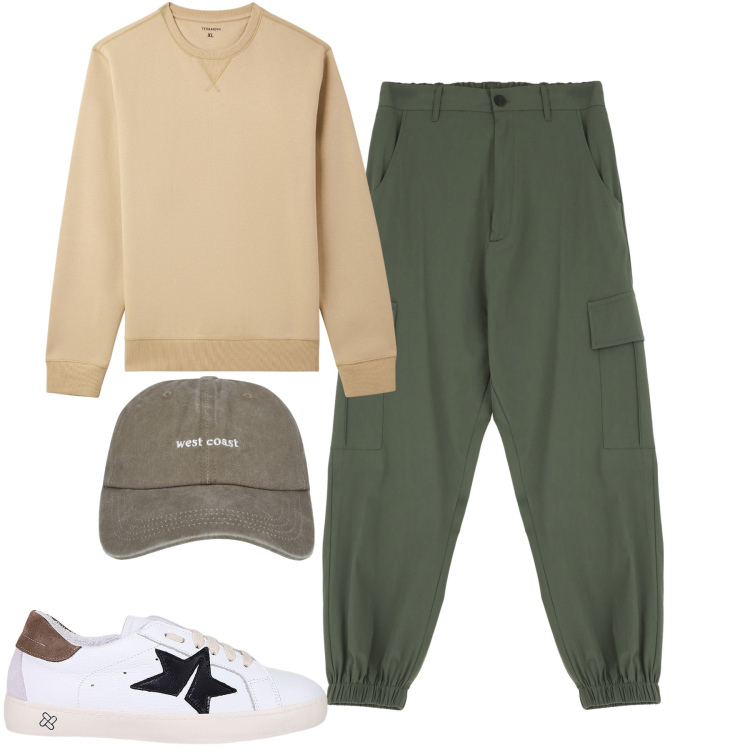Outfit uomo - City. Stile Casual per Tutti i giorni. Abbinamento con cappelli, felpe, sneakers, pantaloni cargo.