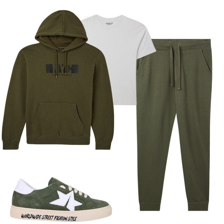 Outfit uomo - City. Stile Casual per Tutti i giorni. Abbinamento con t-shirt, pantaloni, felpe con cappuccio, sneakers.