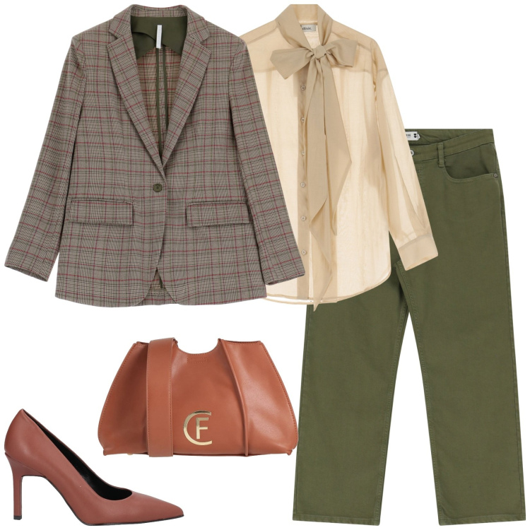 Outfit donna - I colori della terra. Stile Casual chic per Ufficio. Abbinamento con décolleté, borse a tracolla, pantaloni, blazer, camicie.