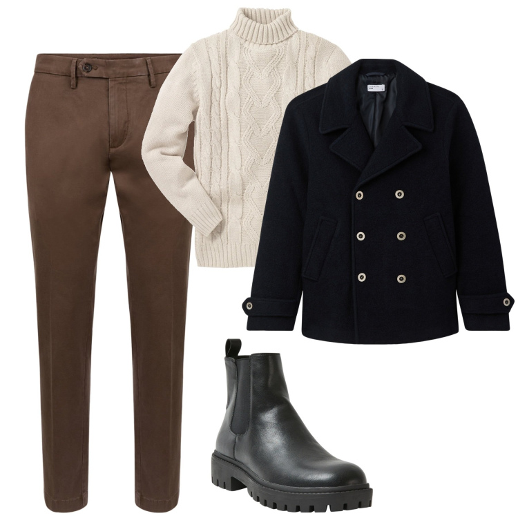 Outfit uomo - City. Stile Urban per Tutti i giorni. Abbinamento con maglieria, stivali e stivaletti, cappotti, pantaloni chino.