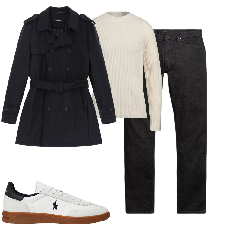Outfit uomo - City. Stile Trendy per Tutti i giorni. Abbinamento con pullovers, trench, sneakers, jeans.