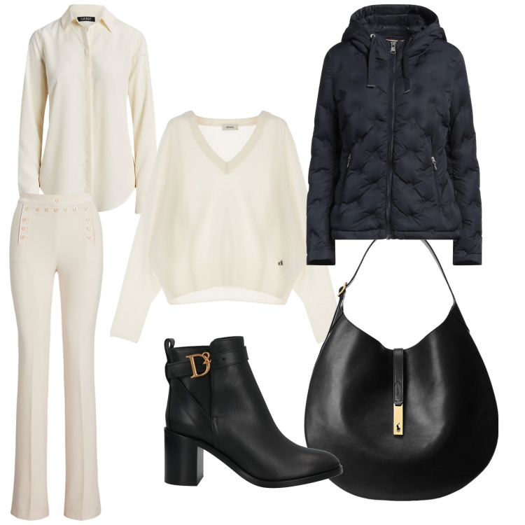 Outfit donna - Total look. Stile Urban per Ufficio. Abbinamento con piumini, stivaletti, pullovers, camicie, borse a spalla, pantaloni.