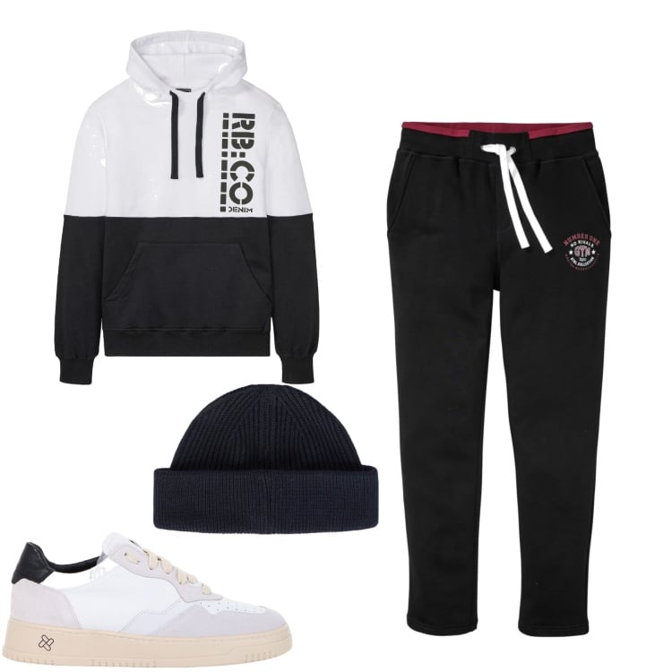 Outfit uomo - Weekend. Stile Casual per Tutti i giorni. Abbinamento con pantaloni, felpe con cappuccio, sneakers, berretti.