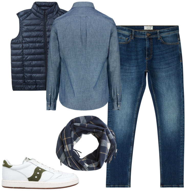 Outfit uomo - City. Stile Casual per Tutti i giorni. Abbinamento con sneakers, jeans skinny, piumini, sciarpe, camicie.
