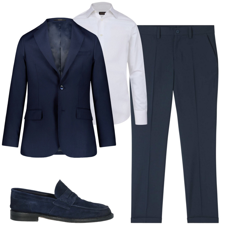 Outfit uomo - Blu. Stile Business/Elegante per Tutti i giorni. Abbinamento con scarpe stringate, pantaloni chino, camicie, giacche.
