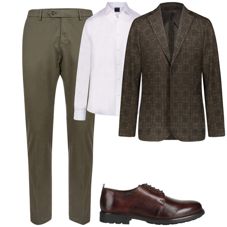 Outfit uomo - City. Stile Trendy per Tutti i giorni. Abbinamento con scarpe stringate, camicie, giacche, pantaloni chino.