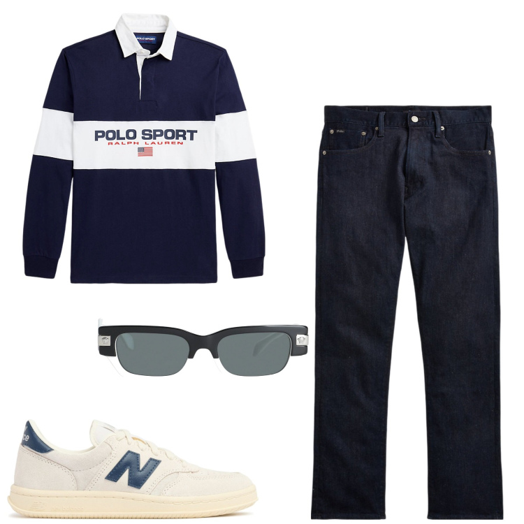 Outfit uomo - City. Stile Casual per Tutti i giorni. Abbinamento con occhiali da sole, jeans dritti, maglieria, sneakers.