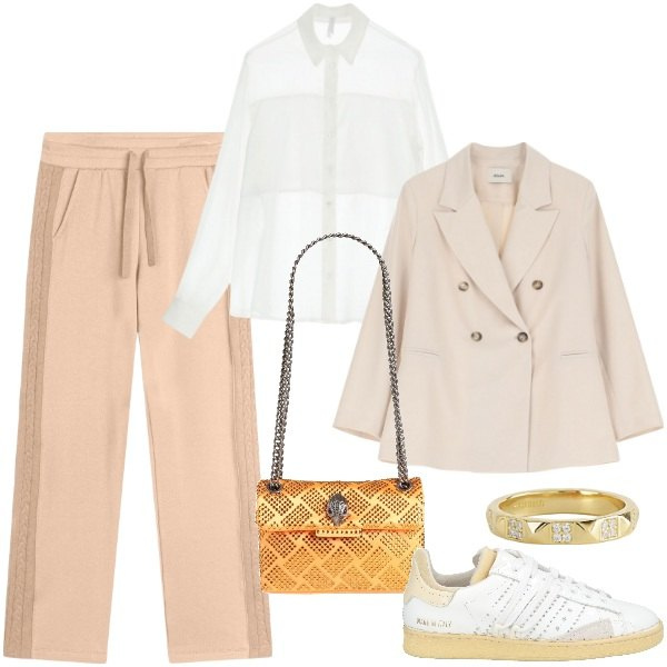 Outfit donna - Serata casual-chic. Stile Casual chic per Serata fuori. Abbinamento con borse a spalla, sneakers, anelli, blazer, camicie, pantaloni.