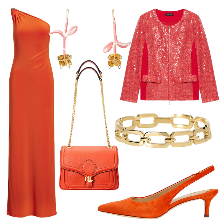 Outfit donna - Total look #2064692. Stile Chic per Cerimonia. Abbinamento con orecchini, braccialetti, décolleté, vestiti asimmetrici, borse a spalla, blazer.