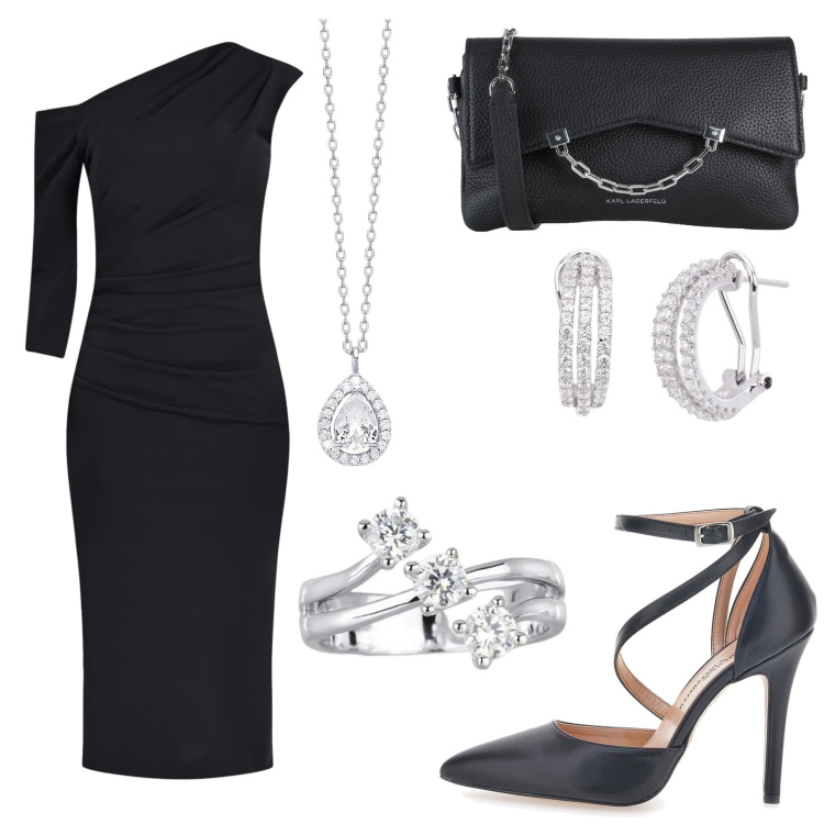 Outfit donna - Total look #2064694. Stile Sexy per Serata fuori. Abbinamento con borse a tracolla, anelli, orecchini, collane, vestiti asimmetrici, décolleté.