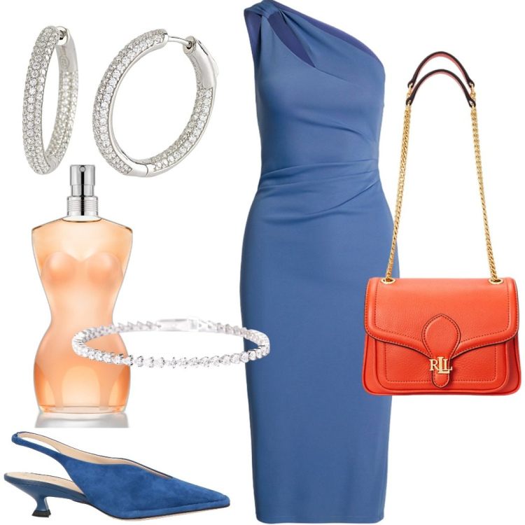 Outfit donna - L\'abito asimmetrico. Stile Glamour per Cerimonia. Abbinamento con décolleté, profumi, orecchini, braccialetti, vestiti asimmetrici, borse a spalla.