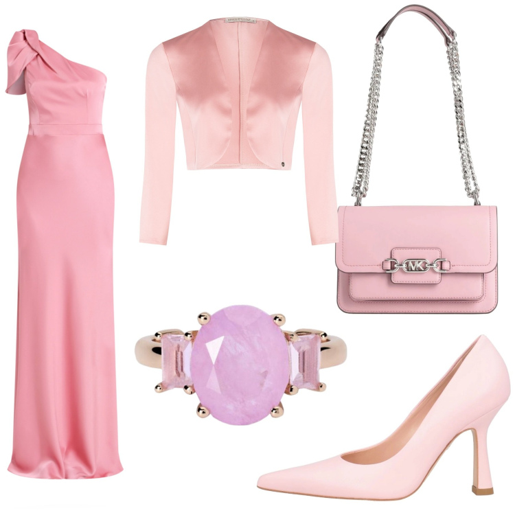 Outfit donna - Total look #2064700. Stile Chic per Cerimonia. Abbinamento con borse a spalla, décolleté, anelli, bolero, vestiti asimmetrici.