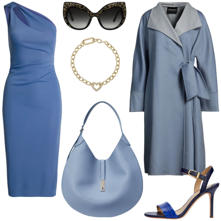 Outfit donna - Abito asimmetrico polvere. Stile Bon Ton per Tutti i giorni. Abbinamento con cappotti, occhiali da sole, braccialetti, sandali in pelle, borse a spalla, vestiti asimmetrici.