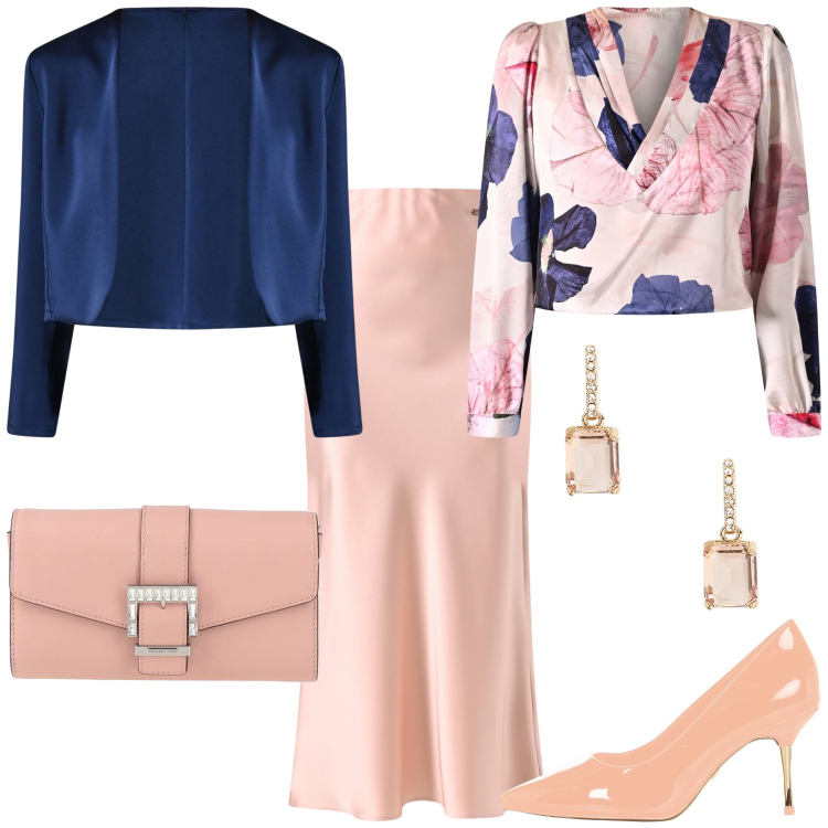 Outfit donna - Tonalità pastello. Stile Chic per Cerimonia. Abbinamento con borse a mano, bluse, bolero, décolleté, gonne, orecchini.