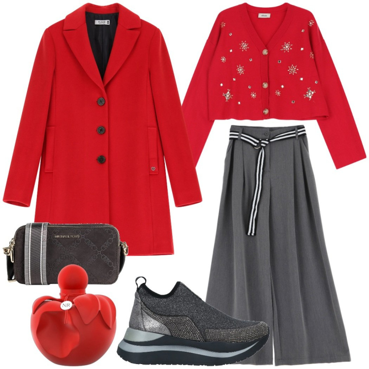Outfit donna - Red passion. Stile Casual chic per Serata fuori. Abbinamento con borse a tracolla, sneakers, profumi, cappotti, pantaloni a palazzo, cardigans.