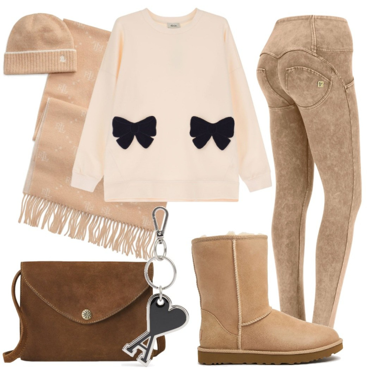 Outfit donna - Tonalità naturali. Stile Casual chic per Tutti i giorni. Abbinamento con sciarpe, felpe, pantaloni skinny, borse a tracolla, stivali, portachiavi.