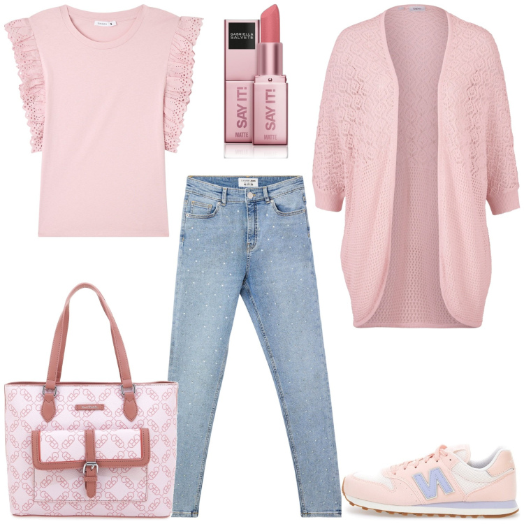 Outfit donna - Tonalità pastello basic. Stile Basic per Tutti i giorni. Abbinamento con cardigans, rossetti, t-shirt, jeans skinny, sneakers, borse a spalla.