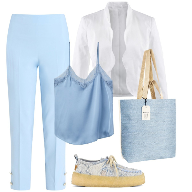 Outfit donna - Azzurro cielo. Stile Casual chic per Ufficio. Abbinamento con blazer, top, borse tote, pantaloni, mocassini.