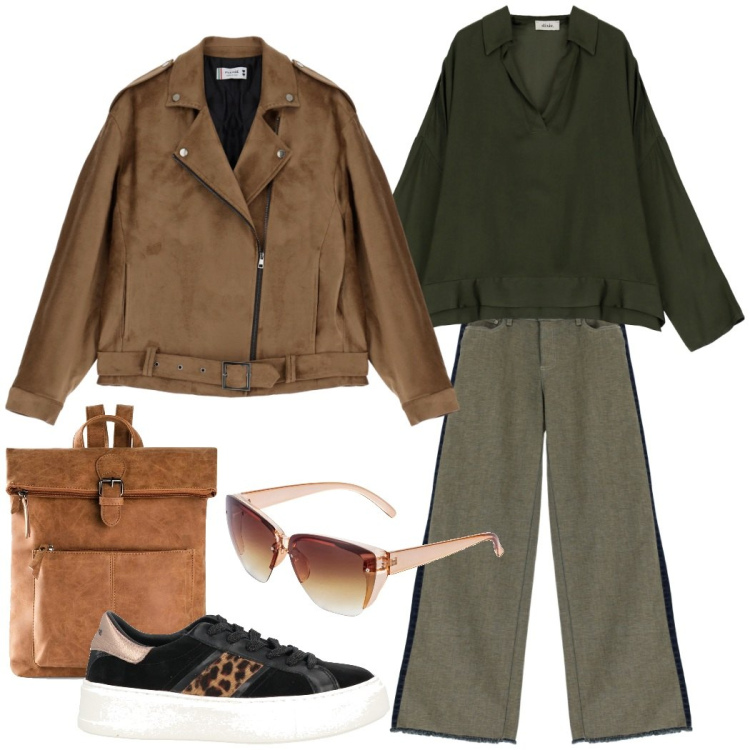 Outfit donna - Marroni e verde muschio. Stile Casual chic per Ufficio. Abbinamento con zaini, occhiali da sole, sneakers, jeans a zampa, blazer, top.