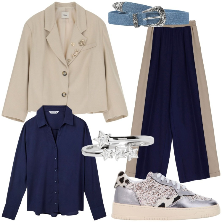 Outfit donna - Serata casual chic. Stile Casual chic per Serata fuori. Abbinamento con camicie, cinture, anelli, pantaloni, sneakers, blazer.