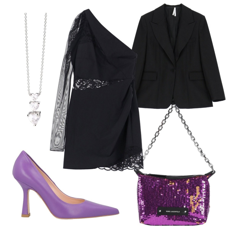 Outfit donna - Abiti asimmetrici- glamour. Stile Glamour per Serata fuori. Abbinamento con décolleté, borse a mano, collane, vestiti asimmetrici, blazer.