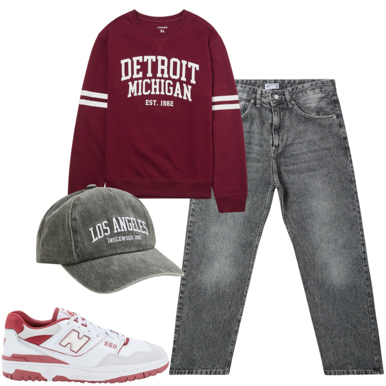 Outfit uomo - City. Stile Casual per Tutti i giorni. Abbinamento con sneakers, cappelli, felpe, jeans.
