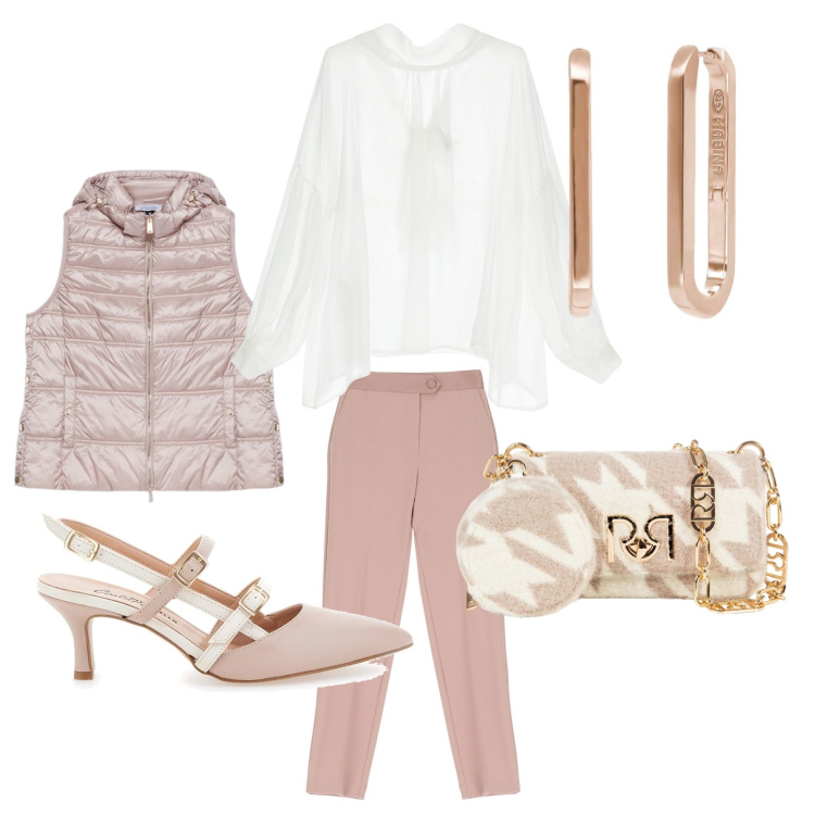 Outfit donna - Tra poco è primavera. Stile Casual chic per Tutti i giorni. Abbinamento con orecchini, borse a tracolla, camicie, pantaloni, décolleté, piumini.