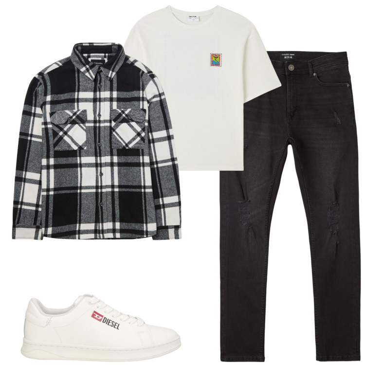 Outfit uomo - City. Stile Casual per Tutti i giorni. Abbinamento con sneakers, t-shirt, jeans strappati, cappotti.