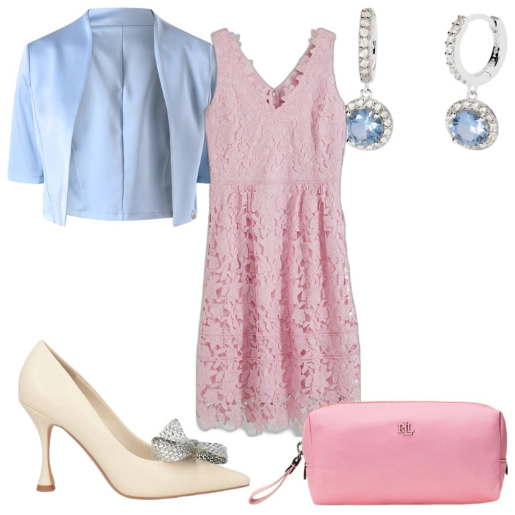 Outfit donna - Tonalità pastello- compleanno romantico. Stile Romantica per Cerimonia. Abbinamento con vestiti, décolleté, orecchini, bolero, pochette.