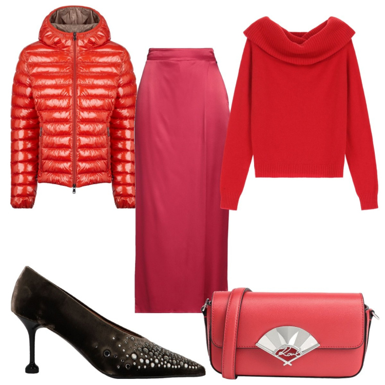 Outfit donna - Il mio colore preferito: rosso passione. Stile Trendy per Serata fuori. Abbinamento con pantaloni, borse a tracolla, maglieria, décolleté, blazer.