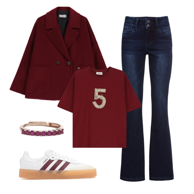 Outfit donna - Semplicemente bordeaux. Stile Trendy per Tutti i giorni. Abbinamento con jeans bootcut, anelli, blazer, t-shirt, sneakers.