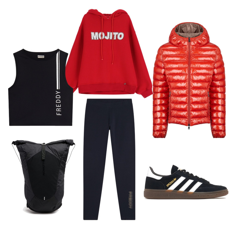 Outfit donna - Audace comodità. Stile Sporty chic per Sport. Abbinamento con top sportivi, leggings, felpe con cappuccio, blazer, sneakers, zaini.