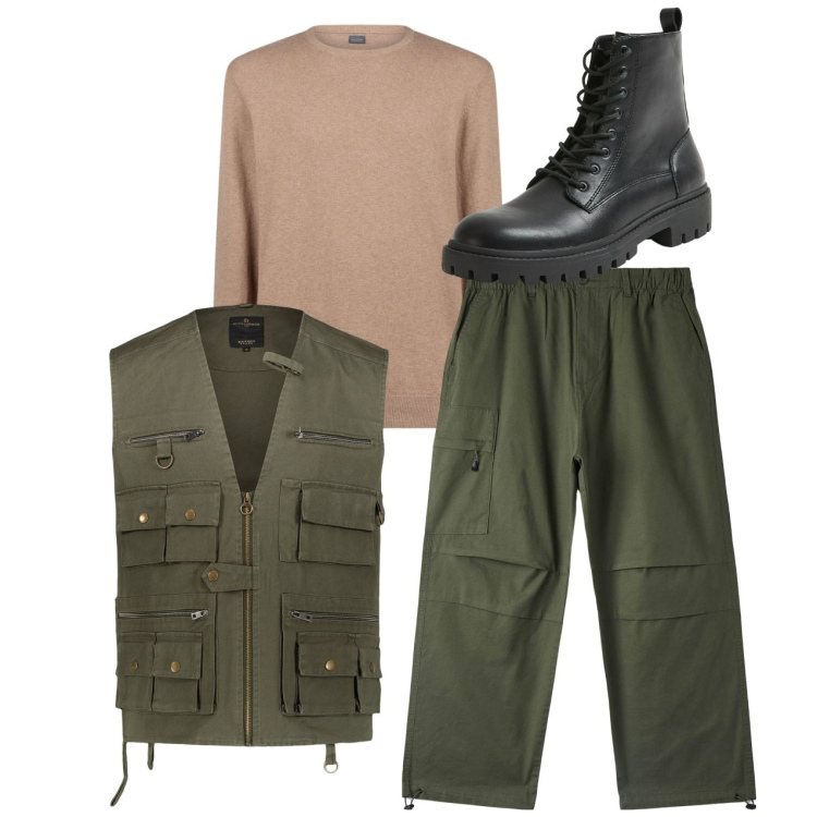 Outfit uomo - City. Stile Casual per Tutti i giorni. Abbinamento con pantaloni, anfibi, maglieria, gilet.
