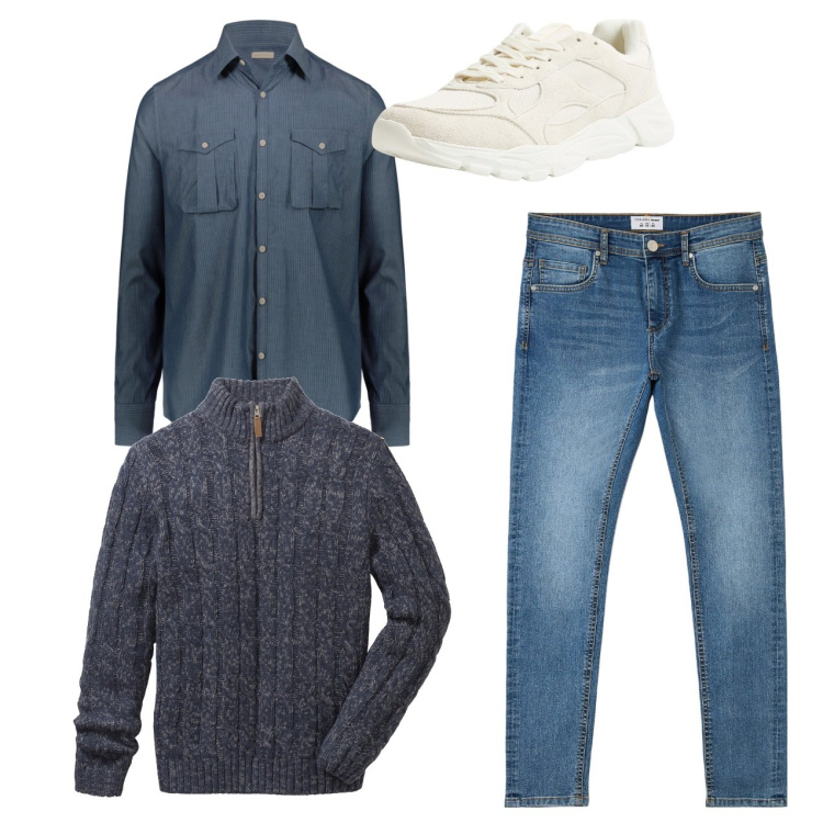 Outfit uomo - City. Stile Casual per Tutti i giorni. Abbinamento con maglieria, jeans skinny, sneakers, camicie.