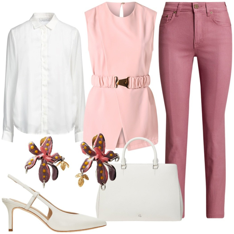 Outfit donna - L\'eleganza del pastello. Stile Bon Ton per Tutti i giorni. Abbinamento con camicie, orecchini, bluse, borse a mano, jeans dritti, décolleté.