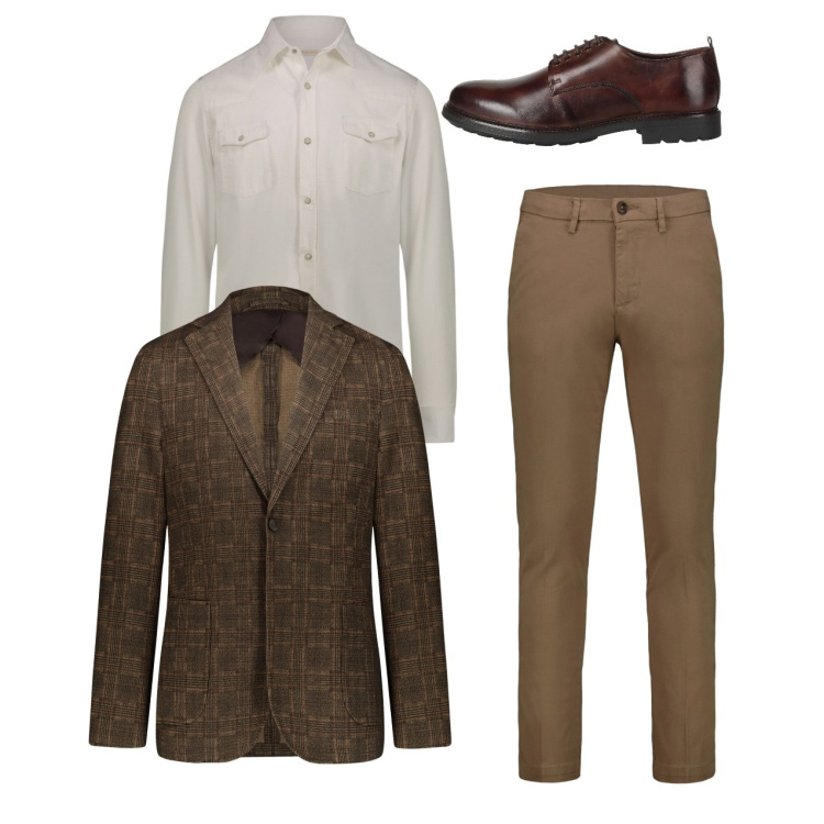 Outfit uomo - City. Stile Casual per Tutti i giorni. Abbinamento con scarpe stringate, pantaloni chino, giacche, camicie.