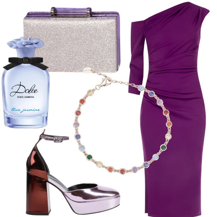 Outfit donna - Il vestito viola asimmetrico. Stile Glamour per Cerimonia. Abbinamento con décolleté, profumi, braccialetti, vestiti asimmetrici, pochette.
