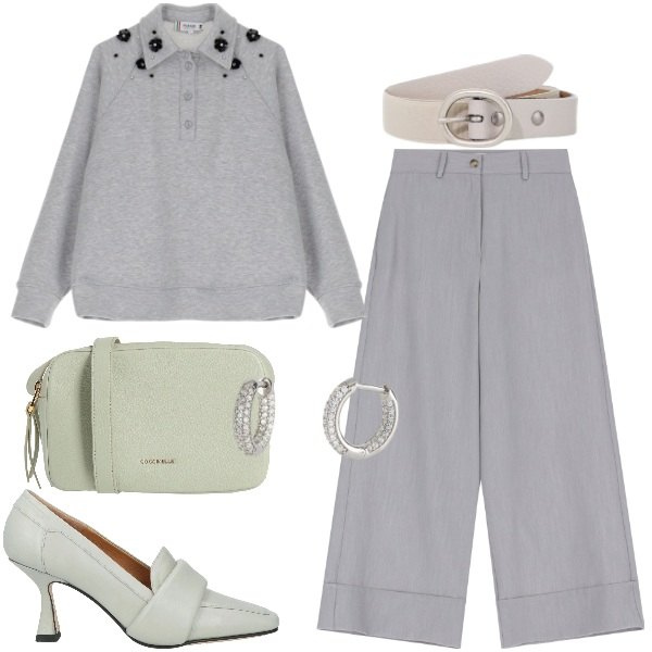 Outfit donna - Pantaloni con risvolto. Stile Trendy per Ufficio. Abbinamento con mocassini, borse a tracolla, pantaloni a palazzo, cinture, orecchini, felpe.