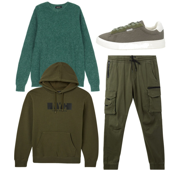 Outfit uomo - City. Stile Casual per Tutti i giorni. Abbinamento con sneakers, maglieria, pantaloni cargo, felpe con cappuccio.