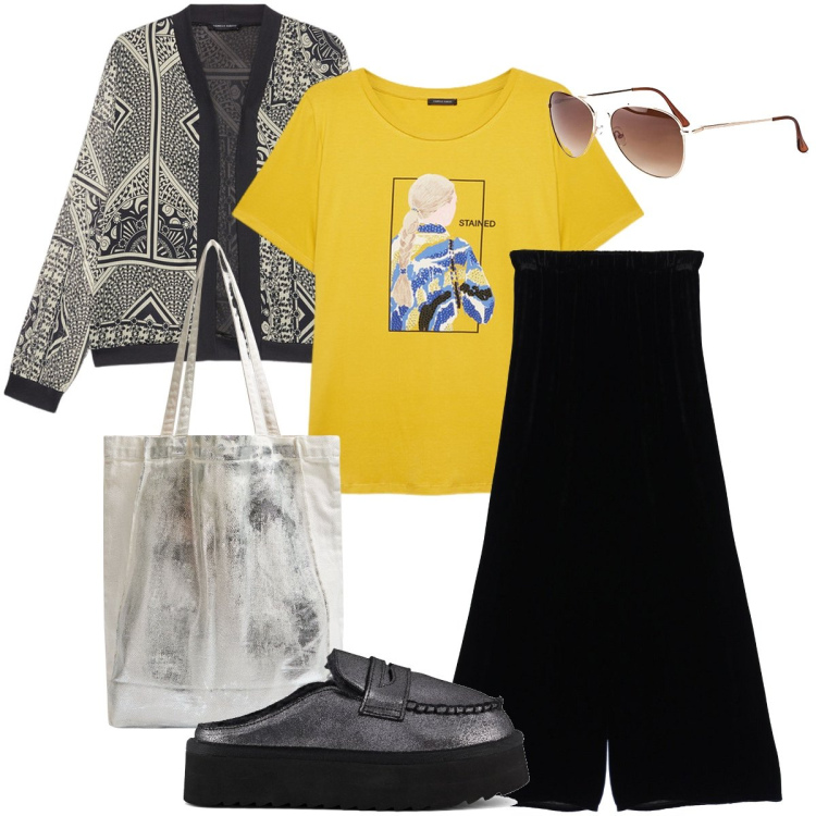 Outfit donna - Tutti i giorni. Stile Urban per Tutti i giorni. Abbinamento con occhiali da sole, shopping bag, pantaloni, mocassini, t-shirt, blazer.