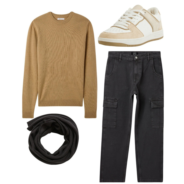 Outfit uomo - City. Stile Casual per Tutti i giorni. Abbinamento con sciarpe, sneakers, pantaloni cargo, maglieria.