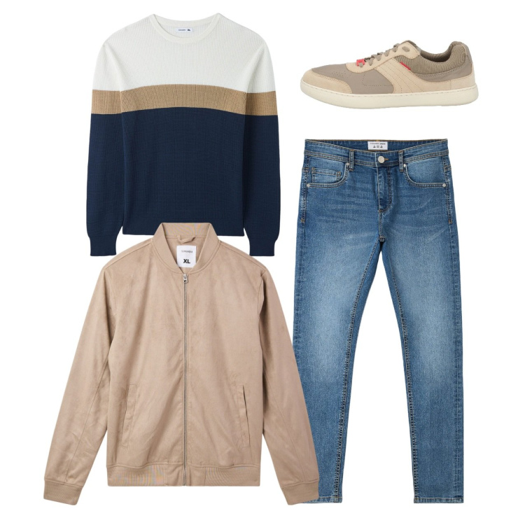 Outfit uomo - City. Stile Casual per Tutti i giorni. Abbinamento con sneakers, bomber, jeans skinny, maglieria.