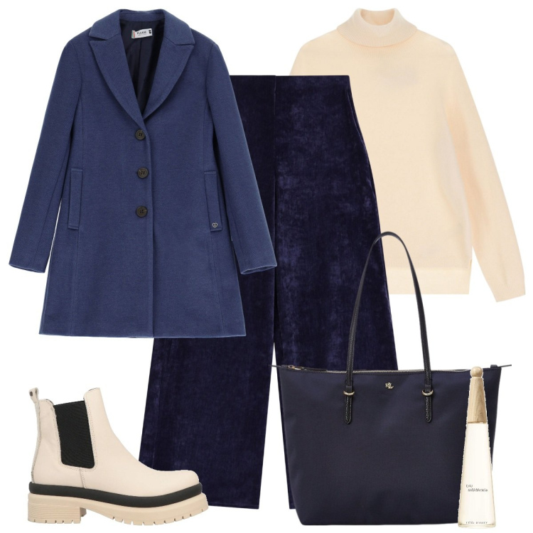 Outfit donna - Il cappotto blu. Stile Urban per Ufficio. Abbinamento con stivaletti, profumi, cappotti, maglieria, pantaloni, borse tote.