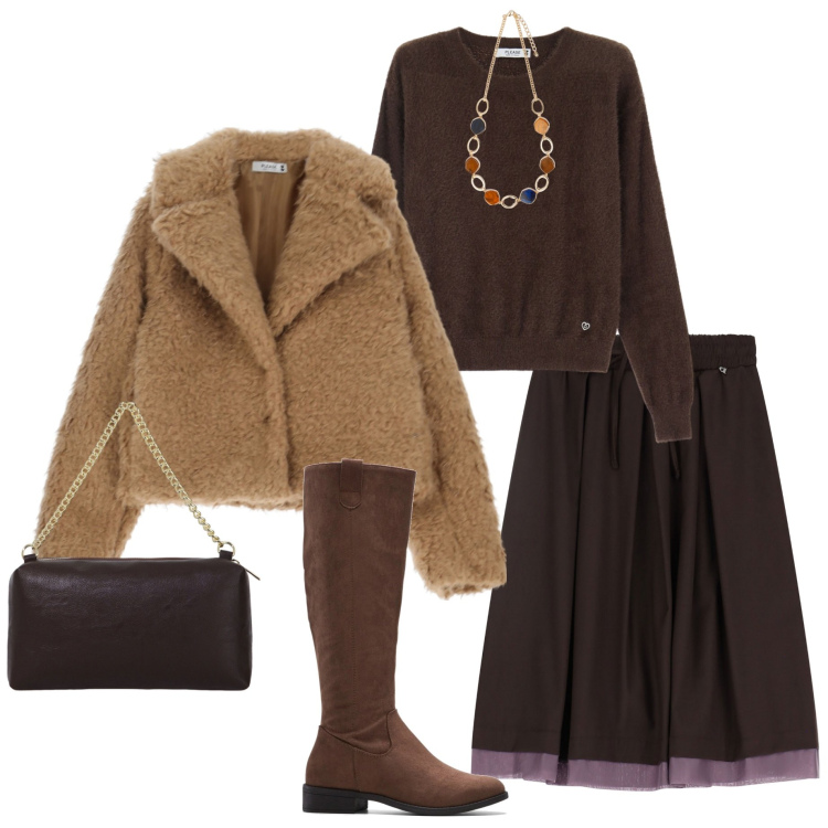 Outfit donna - Colori della terra. Stile Casual chic per Ufficio. Abbinamento con stivali, maglieria, blazer, gonne longuette, borse a tracolla, collane.