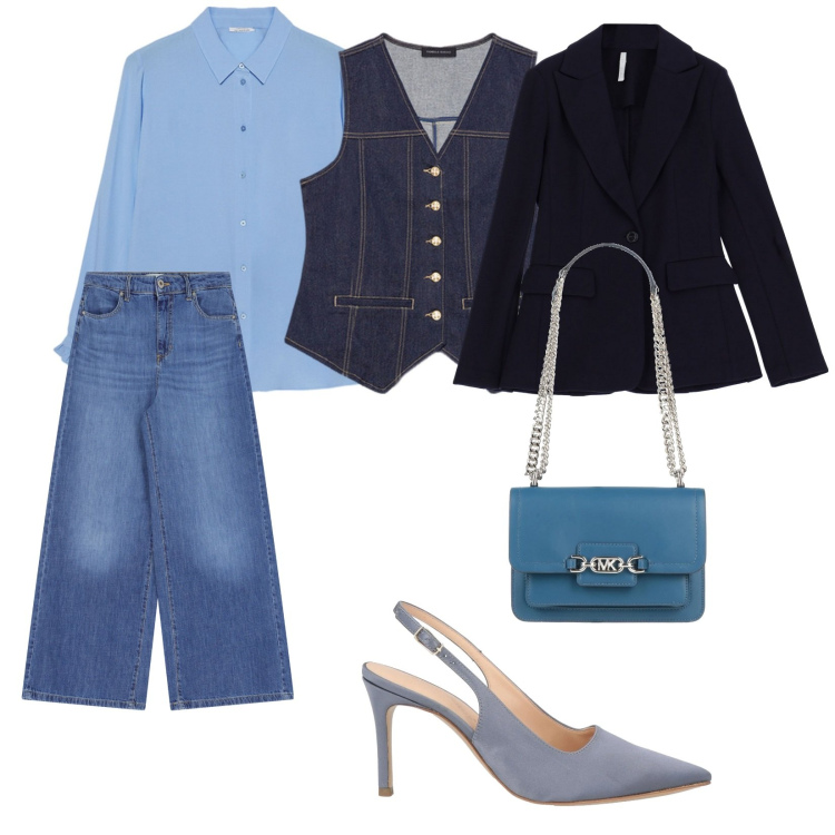Outfit donna - A lavoro. per Ufficio. Abbinamento con borse a spalla, décolleté, blazer, pantaloni a palazzo, camicie, gilet.