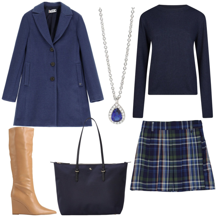 Outfit donna - Blu come il mare. Stile Preppy per Serata fuori. Abbinamento con stivali, collane, cappotti, minigonne, borse tote, maglieria.